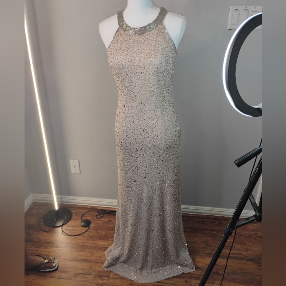 Adrianna Papell Glittering Silver Prom Dress